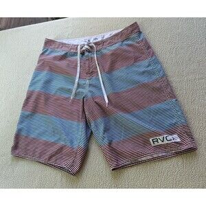 RVCA Boardshorts Mens 34 Red Blue White Striped Swim Trunks Zip Fly Pockets